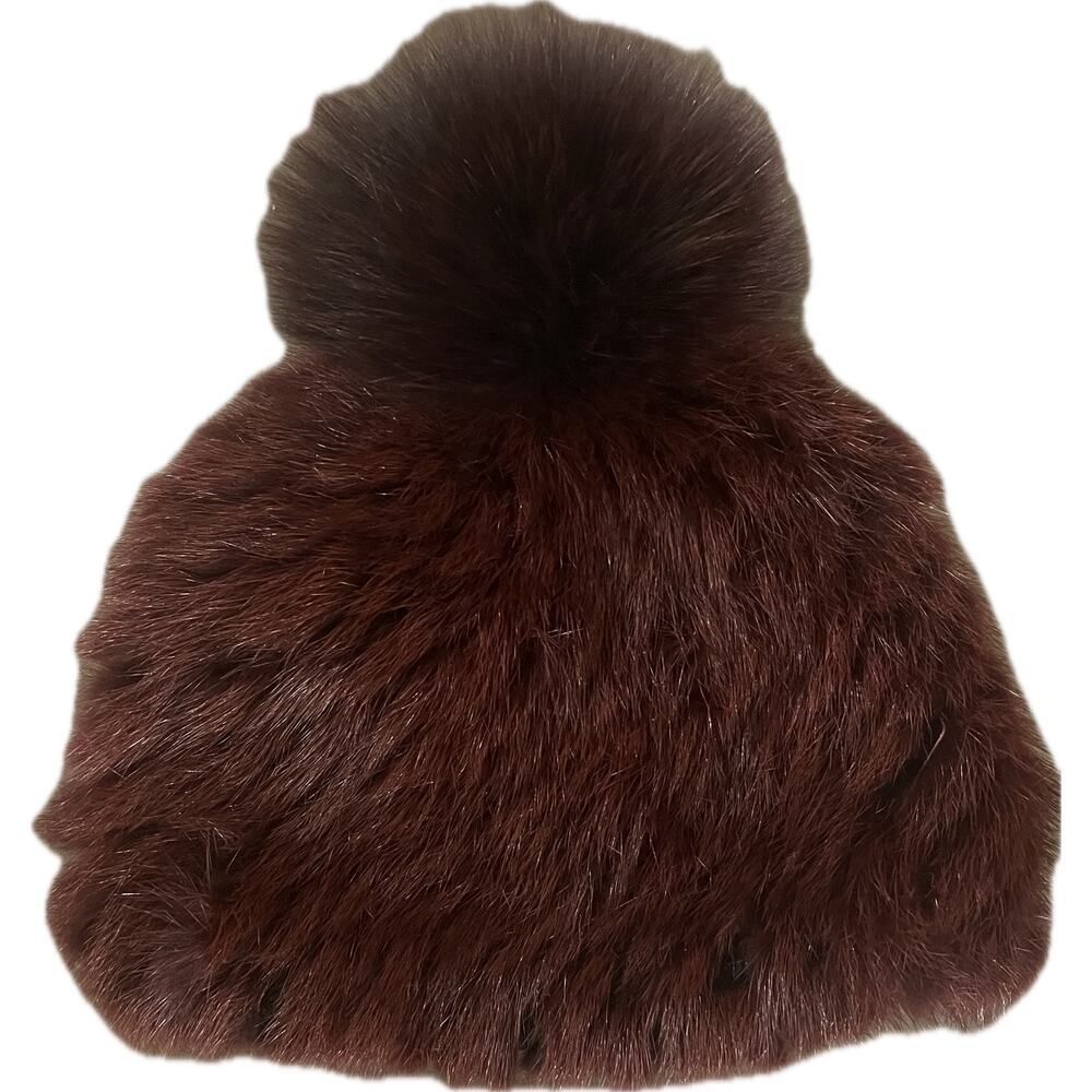 Burgundy Mink fur hat with pom pom.